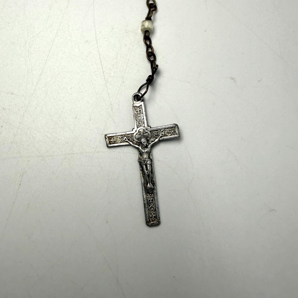 Vintage Catholic Rosary Necklace White Glass Beads Metal Crucifix Prayer Beads